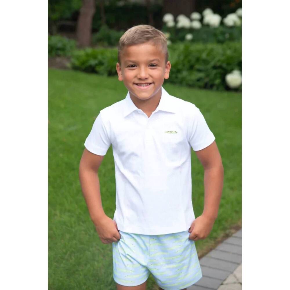 NEW JAMES & LOTTIE boys see you later alligator knit polo in white